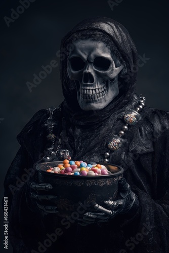 Grim reaper holding bowl of colorful candy in dark hooded cloak