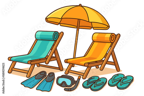 Relaxing beach essentials with colorful loungers, towels, snorkeling gear, flip flops, and sun umbrella for summer vacation, tropical leisure, and ocean getaway vector cartoon illustration