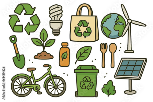 Set of ecology and environment icons. Eco-friendly items for sustainability and recycling concept. Green energy sources like solar panel and wind turbine. Zero waste lifestyle.