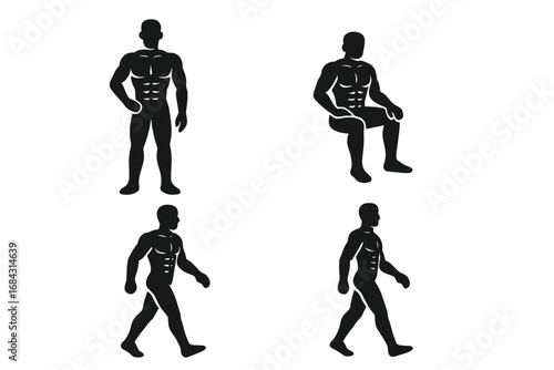 Man figure aesthetics silhouette icon grid. Solid filled vector icon set of male poses. Standing pose, seated silhouette, walking figure. Bodybuilder, fitness, muscular body concept.