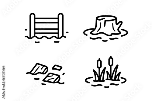 Flooded area outline icon set. Vector symbols of flood, swamp, and marshland. Includes submerged fence, waterlogged tree stump, floating debris, and reeds. Natural disaster.