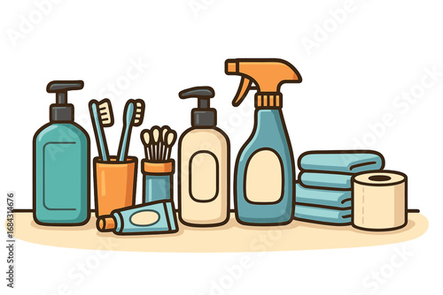 Simple restroom essentials displayed neatly on counter with toiletries, personal care items, cleaning products, towels, toothbrushes, and household bathroom supplies in organized vector cartoon style