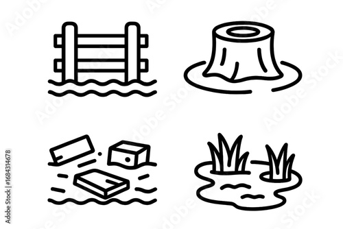 Flood icon set vector. Natural disaster outline symbols. Submerged fence, waterlogged tree stump, floating debris, swamp pictogram. Climate change and emergency concept.