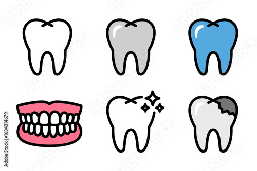 Dental health icons set, tooth illustrations, smiling gums graphics, oral care awareness designs, healthy hygiene vector elements collection