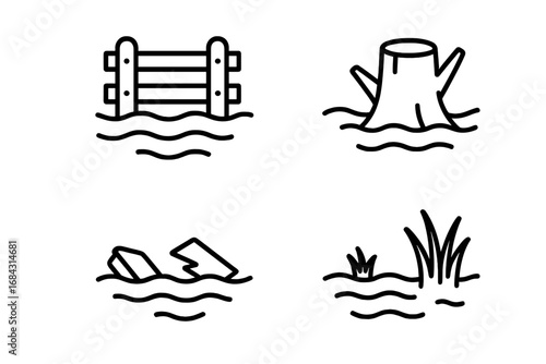 Flood disaster icon set. Natural calamity, climate change concept. Vector outline illustration of a submerged fence, waterlogged tree stump, floating debris, and swamp area.