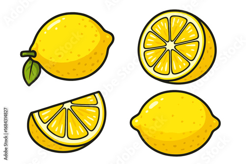 Lemon fruit set with whole, half, and sliced lemons. Fresh citrus with leaf. Vector cartoon illustration icon collection for food design, isolated on a white background.