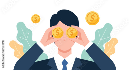 Focused entrepreneur sees financial opportunities through golden coins, symbolizing wealth and future success