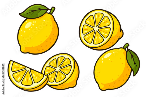 Lemon fruit set vector cartoon illustration. Fresh juicy lemons, half and slice with leaf. Sour citrus icon collection for lemonade, vitamin C and healthy food concepts.