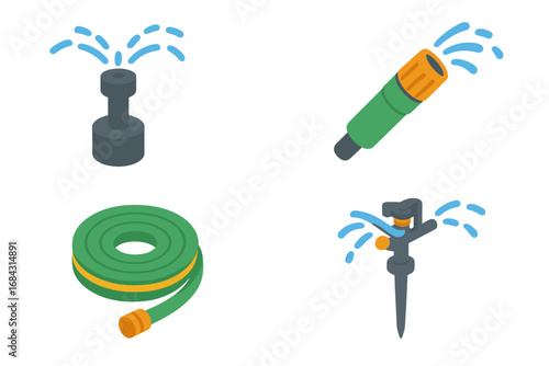 Garden irrigation equipment icon set. Isometric vector illustration of watering system tools like pop-up sprinkler, adjustable nozzle, and hose. Lawn care & agriculture concept.