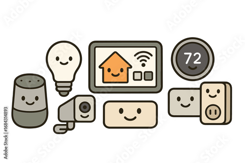 Smart home devices vector illustration showcasing modern technology for efficient living and convenience in a connected environment, cartoon style, IoT gadgets set