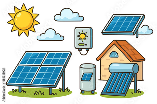 Solar energy systems showcase with diverse solar panels, solar water heaters, and inverters in a bright sunny environment, vector cartoon illustration with transparent background