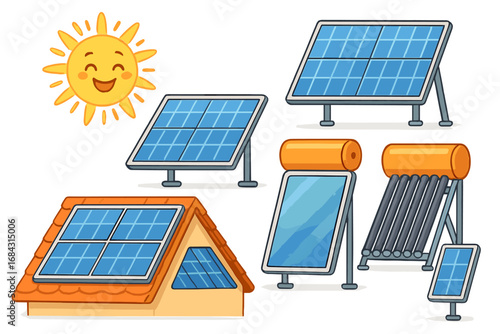 Solar energy systems showcase with various solar panels and solar water heating solutions in a bright sunny environment, vector cartoon illustration with transparent background