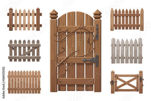 Rustic wooden gate icons, farm fence vector set, countryside enclosure graphics, traditional outdoor boundary design construction illustrations