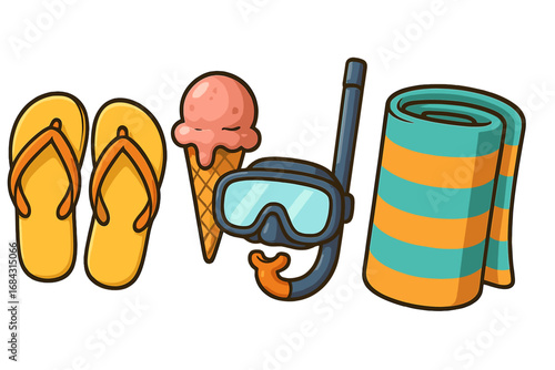 Summer beach essentials collection with flip flops, ice cream cone, snorkeling gear, and striped towels for relaxation and fun, cartoon vector illustration with transparent background