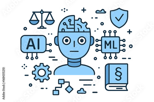 Understanding artificial intelligence and machine learning in legal and ethical contexts with technology symbols, digital brain, scales of justice, and security shield vector illustration