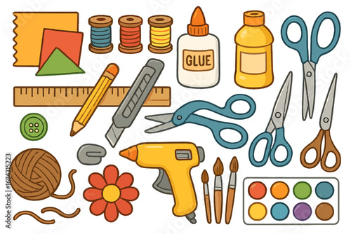Vector cartoon set of crafting tools and supplies for creative projects. Art and craft equipment for DIY, hobby, and handmade workshops. Includes scissors, glue, and paint.
