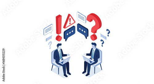 Business professionals discussing ideas with question marks and exclamation points symbolizing communication challenges