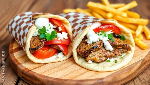 Delicious gyros with fresh tomatoes feta cheese and french fries