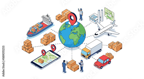 Global logistics network connecting shipping, air, and ground transport for efficient cargo delivery.