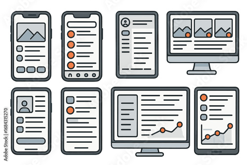 User interface design concepts showcasing diverse layouts for mobile and desktop applications, vector cartoon illustration, transparent background, set of modern UI templates