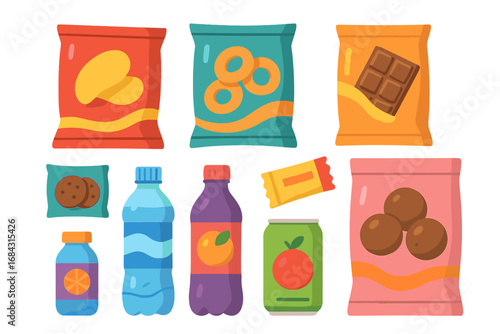 Colorful variety of packaged snacks and beverages in modern cartoon vector style, featuring chips, cookies, chocolate, drinks, and candy on plain background, food packaging design illustration