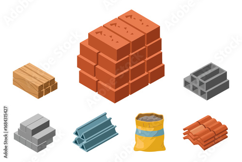 Building materials vector illustrations, bricks wood planks concrete blocks steel beams cement bag roofing tiles supply icons