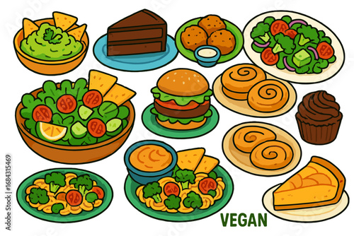 Variety of delicious vegan dishes including snacks, desserts, salads, vegan burgers, and pasta. Colorful vector cartoon illustration of healthy plant-based food set with transparent background.
