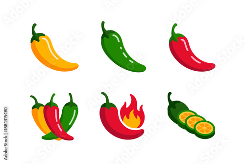 Spicy chili variety vector set, jalapeno cayenne habanero icons, vibrant sliced peppers, flame symbol, culinary heat flavor graphics