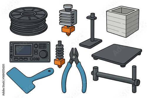 Various 3D printing components and accessories for educational and technical use, vector cartoon illustration with transparent background, spool, nozzle, filament, tools set