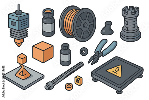 Various 3D Printing Components and Accessories Vector Illustration, Including Filament Spool, Extruder, Printed Objects, Tools, and 3D Printer Platform, Educational Tech Concept