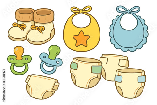 Playful baby essentials set including cozy booties, colorful bibs with star and scallop details, pacifiers, and soft diapers, vector cartoon illustration with transparent background