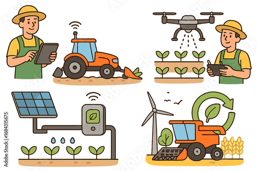 Smart farming technology vector set. Agritech innovation with farmer, autonomous tractor, crop spraying drone, solar irrigation, and sustainable energy combine harvester.