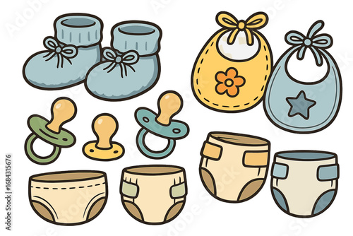 Various Baby Items Including Soft Booties, Colorful Bibs, Pacifiers, and Diapers in a Playful Cartoon Style, Vector Illustration with Transparent Background for Baby Care and Parenting