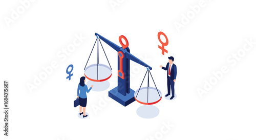 Achieve gender equality in business with balanced scales and diverse professionals collaborating