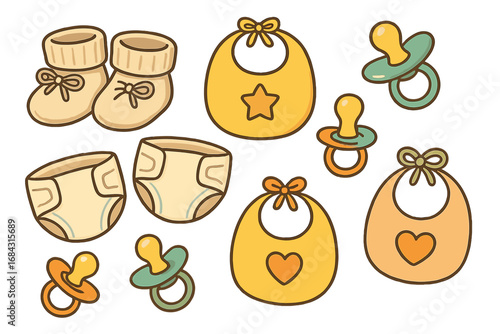 Various Baby Items including Booties, Bibs, Pacifiers, and Diapers in a Playful Cartoon Style, Vector Illustration, Transparent Background, Nursery Essentials, Infant Accessories