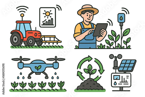 Smart farming technology vector icon set. Agritech innovation for sustainable agriculture. Farmer with tablet, autonomous tractor, drone irrigation, and crop sensors concept.