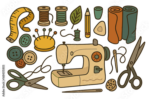Sewing essentials collection for textile projects. Vector cartoon set with sewing machine, scissors, thread, and buttons. Sustainable fashion, tailoring, and haberdashery concept.
