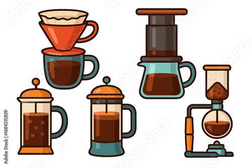 Various Coffee Brewing Methods with Colorful Modern Vector Illustrations, Cartoon Style Set, Transparent Background, Creative Coffee Making Equipment Collection