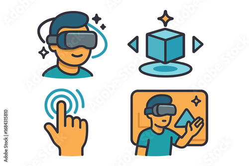 VR and AR icon set. Virtual reality technology, gaming and metaverse user interaction symbols. Man with headset, 3D objects, and touch interface. Vector cartoon illustration.