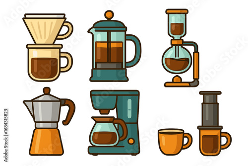 Various Coffee Brewing Methods Illustrated with Colorful Modern Vector Cartoon Style, Transparent Background, Set of Popular Coffee Makers and Techniques, High-Quality Vector Art
