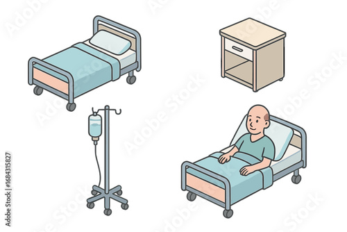 Inpatient ward icon set. Isometric flat design illustration of hospital environment. Includes patient in bed, hospital bed, bedside table, IV drip stand. Vector cartoon.