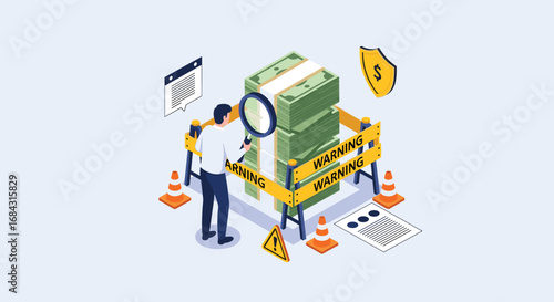 Business risk analysis examining financial security with caution tape and magnifying glass