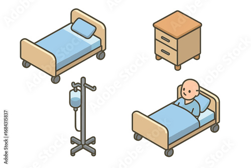 Inpatient ward isometric icon set. Hospital environment with patient in bed, bedside table, and IV drip stand. Vector illustration for medical, healthcare, and treatment concepts.