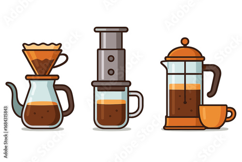 Various Coffee Brewing Methods Displayed With Colorful Modern Vector Illustrations, Cartoon Style Coffee Maker Set, Transparent Background, Artistic Coffee Equipment Collection