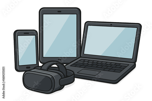 Various digital devices smartphone tablet laptop VR headset modern technology technology devices vector cartoon illustration transparent background