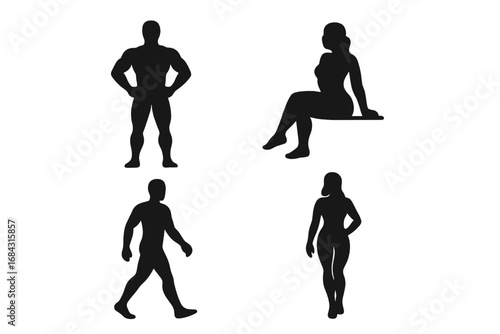 Black silhouettes of people. Collection of man and woman vector figures in various poses. Standing, walking and sitting person icons. Male and female human body shapes set.