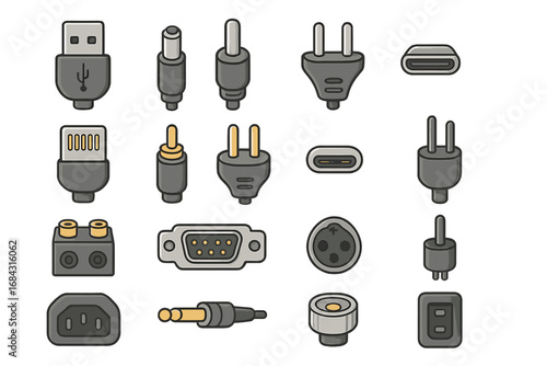 Various types of electrical connectors and plugs, vector cartoon illustration, ordered set on white background, technology symbols, USB, power plugs, audio and video connectors, cable adapters