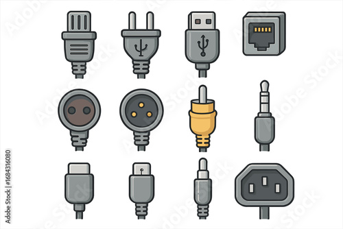 Various types of electrical connectors and plugs in neat rows, vector cartoon illustration with transparent background, ordered set of cable connectors and power plugs collection