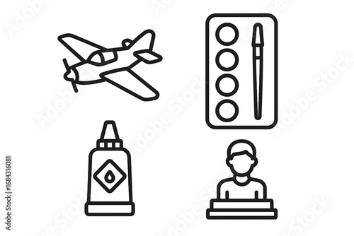 Model building icons outline set featuring collectible model airplane, paint palette with brush, glue tube, and hobbyist figure, creative DIY craft tools vector illustration