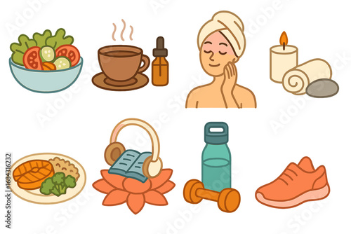 Wellness routine elements including nutritious meals, relaxation tools, skincare, hydration, fitness gear, and active lifestyle essentials, cartoon vector illustration